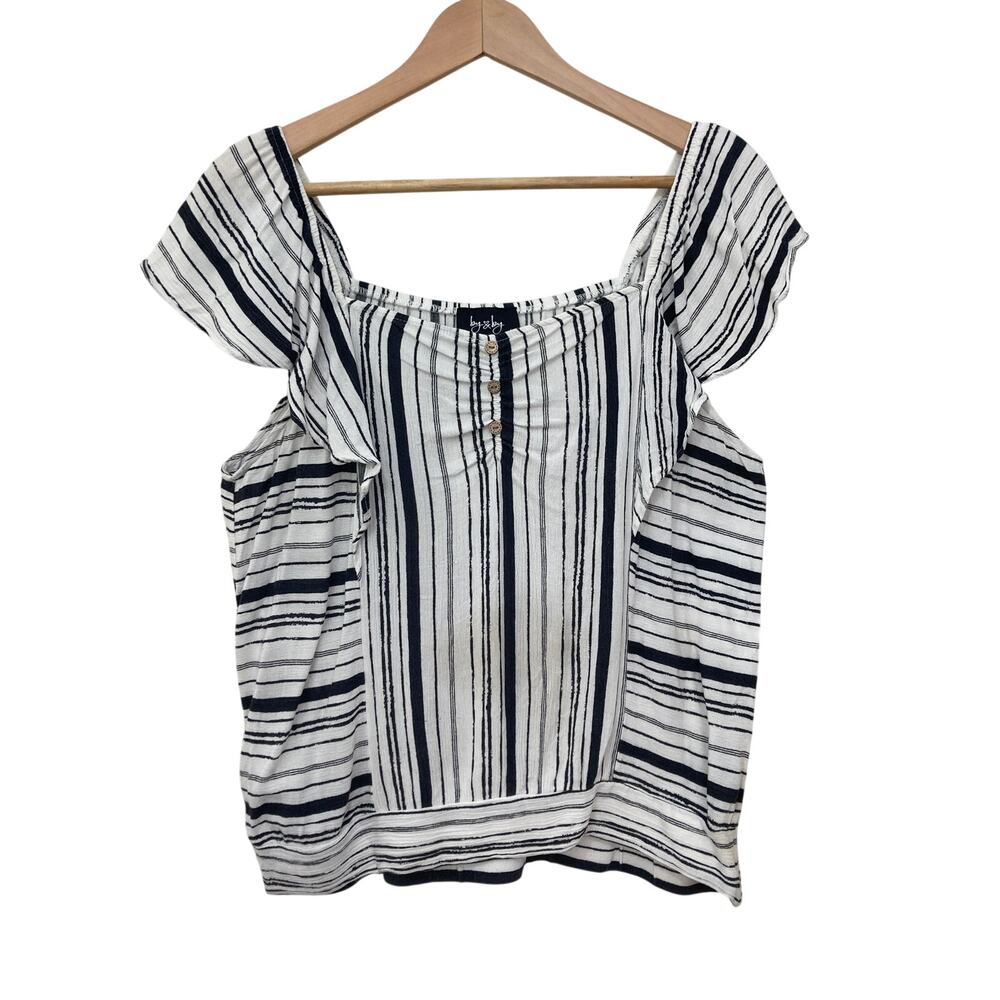 By and By Black White Boho Beachy Summer Striped Flutter Blouse Tank Top Large